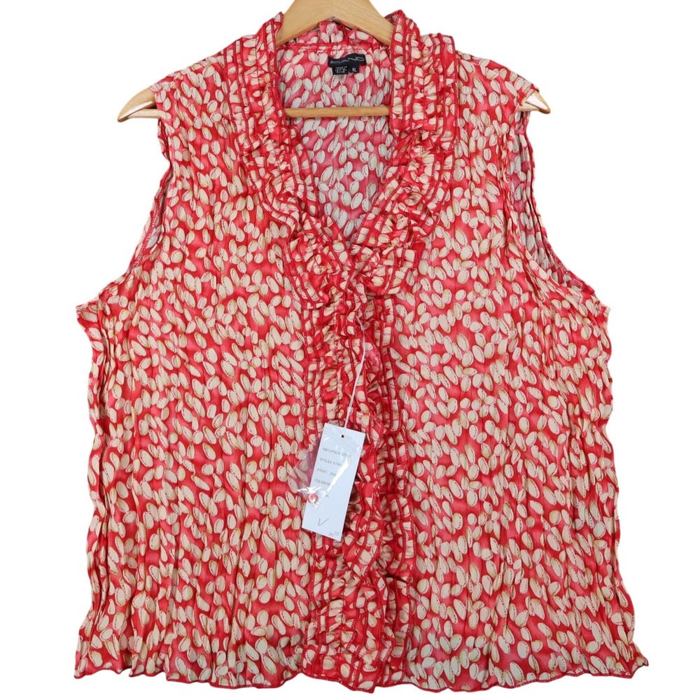 Piano Ruffle Blouse Womens XL Red Pleated Crinkle Sleeveless Sheer Top 07960